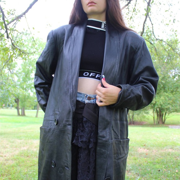 Vintage 90s Leather Trench Coat by Sabrina - Picture 3 of 11